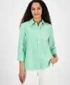 Kasper Women's Gingham Button-front 2/3-sleeve Shirt In Lily White,apple Green