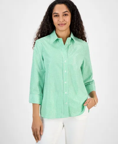KASPER WOMEN'S GINGHAM BUTTON-FRONT 2/3-SLEEVE SHIRT