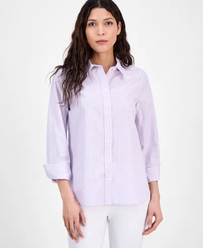 Kasper Women's Gingham Button-front 2/3-sleeve Shirt In Lily White,lavender Mist