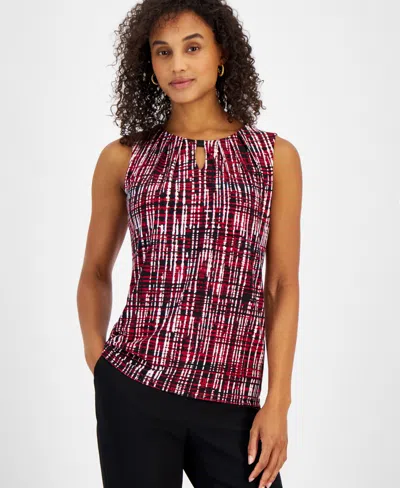 Kasper Women's Graphic-print Pleat-neck Sleeveless Knit Top In Black Multi