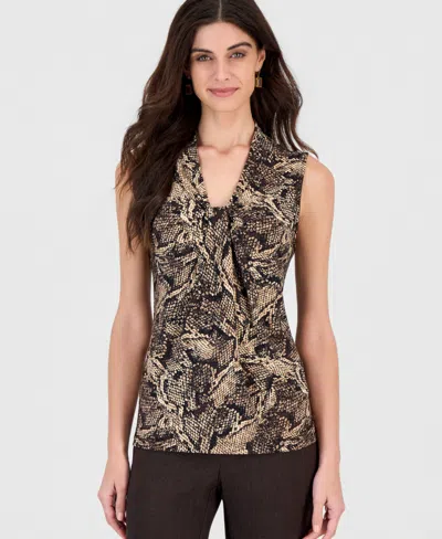 Kasper Women's Greer Sleeveless Knot Neck Snake-print Blouse In Brown