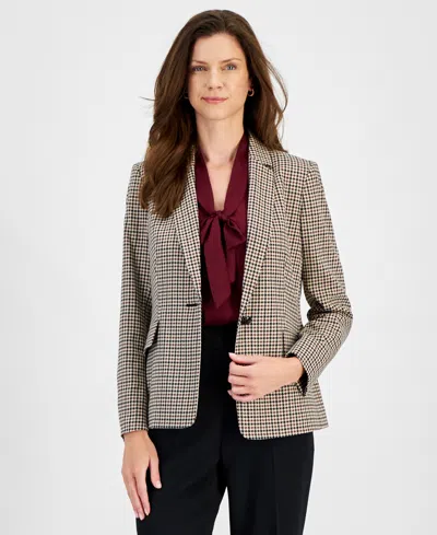 Kasper Houndstooth Blazer Sleeveless Top Pull On Pants In Toffee Multi
