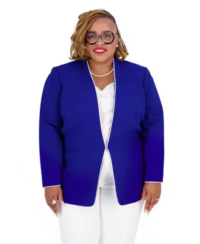 Kasper Women's Kissing Front Collarless V-neck Piping Blazer In Blue
