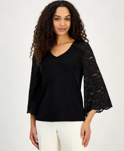 Kasper Women's Lace-sleeve V-neck Top In Black