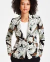 Kasper Womens Leaf Print One Button Blazer Pants In Black,sea Glass Multi
