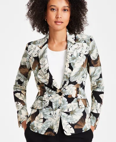 Kasper Women's Leaf-print One-button Blazer In Black,sea Glass Multi