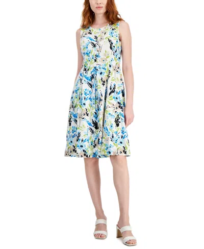 Kasper Women's Linen-blend Printed Sleeveless Flared-skirt Dress In Lily White,light Azure