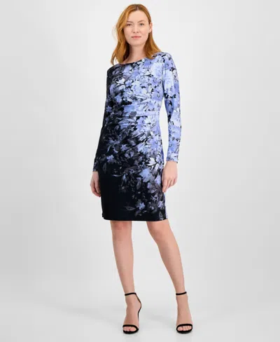 Kasper Women's Long-sleeve Side-pleated Knit Dress In Black Multi