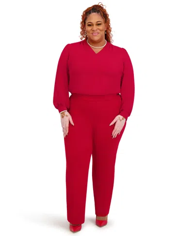 Kasper Women's Long Sleeves V-neck Top In Red