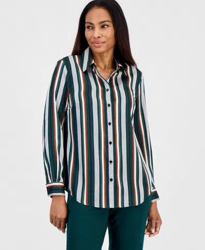 Kasper Women's Long-sleeve Button-front Striped Blouse In Evergreen Multi