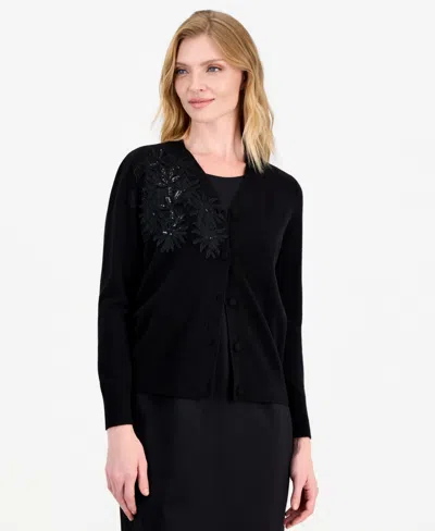 Kasper Women's Long-sleeve Floral Lace-applique Button-up Cardigan In Black