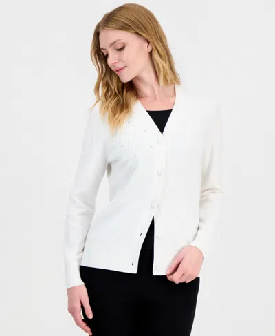 Kasper Women's Long-sleeve Floral Lace-applique Button-up Cardigan In Vanilla Ice