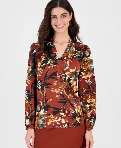 Kasper Women's Long-sleeve Floral-print V-neck Blouse In Sepia Spice Multi