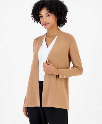 Kasper Women's Long-sleeve Open-front Side-slit Cardigan In Dark Camel