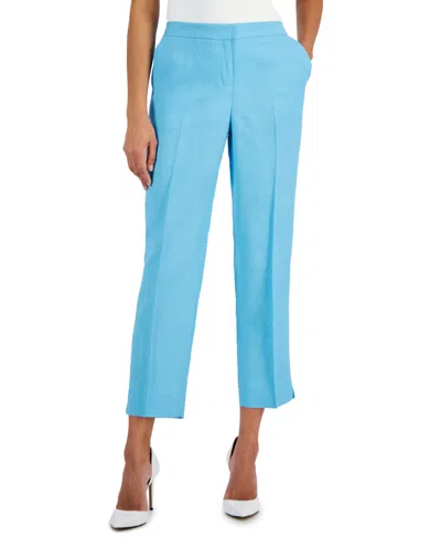 Kasper Petite Linen-blend Mid Rise Straight-leg Zip-front Pants In Light Azure