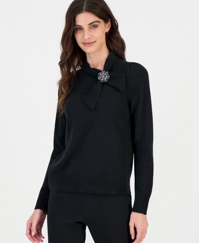 Kasper Women's Mock-neck Pleated-shoulder Sweater With Brooch In Black