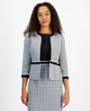 Kasper Womens Open Front Piped Trim Tweed Jacket Sleeveless Sheath Dress In Royal Signature Multi