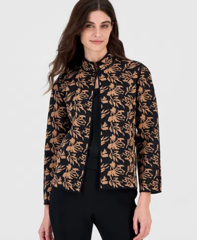 Kasper Women's Open-front Floral Cardigan In Black,dark Camel