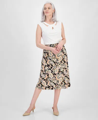 Kasper Women's Paisley-print Pull-on Midi Skirt In Black,butterscotch Mlt