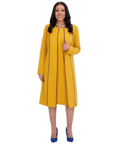 Kasper Women's Piping-trim Long Jacket, Regular & Plus Sizes In Gold Signature,royal Signature