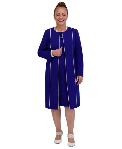 Kasper Women's Piping-trim Long Jacket, Regular & Plus Sizes In Royal Signature,white
