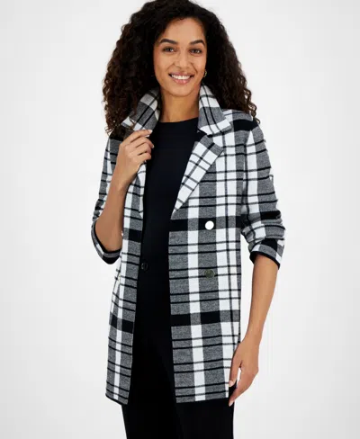 Kasper Womens Plaid Acrylic Cardigan Sweater In Ivory,black