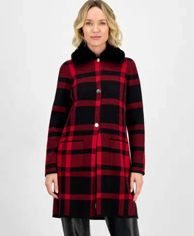Kasper Women's Plaid Faux-fur-collar Coatigan In Red