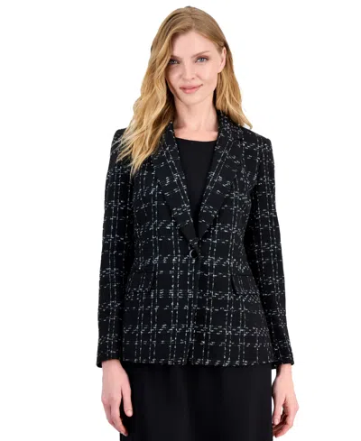 Kasper Womens Plaid Notch Collar One Button Blazer In Black