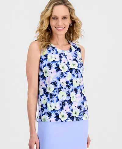 Kasper Floral Print Pleated Neck Sleeveless Top In Multi