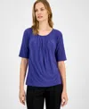 Kasper Women's Pleated-neck Elbow-sleeve Top, Regular & Petite In Blue
