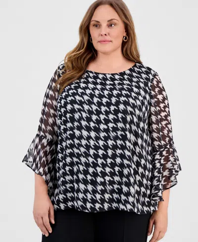 Kasper Women's Plus Size Houndstooth Ruffle Sleeve Top In Gray