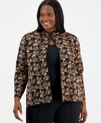 Kasper Women's Plus Size Kissing Front Cardigan Jacquard Floral Mock Neck In Black,dark Camel
