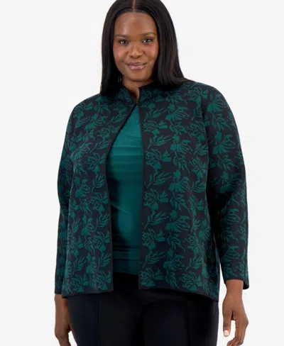 Kasper Women's Plus Size Kissing Front Cardigan Jacquard Floral Mock Neck In Black,evergreen