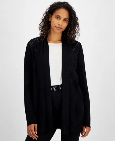 Kasper Women's Pointelle Open-front Long-sleeve Cardigan In Black