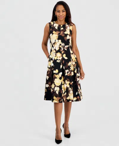 Kasper Women's Princess-seam Box-pleat Sleeveless Dress In Black Multi