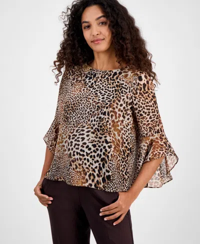 Kasper Women's Printed 3/4 Ruffle-sleeve Blouse In Brown