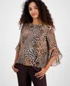Kasper Women's Printed 3/4 Ruffle-sleeve Blouse In Brown