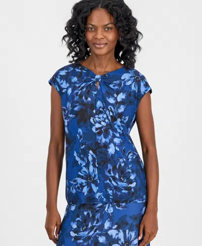 Kasper Women's Printed Bow-neck Extended-shoulder Top In Blue