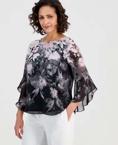 Kasper Women's Printed Chiffon 3/4-sleeve Blouse In Black