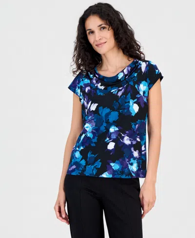 Kasper Women's Printed Cowl-neck Cap-sleeve Blouse In Black Multi