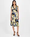 Kasper Women's Printed Cowlneck Tie-waist Midi Dress In Blue