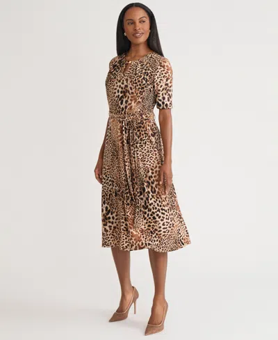 KASPER WOMEN'S PRINTED ELBOW-SLEEVE TIE-WAIST MIDI DRESS