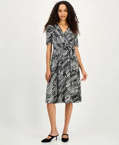 Kasper Plus Size Printed Knit Faux-wrap Belted Dress In Multi