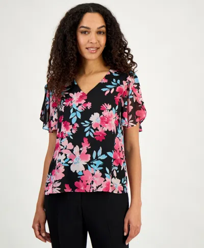 Kasper Women's Printed Flutter Sleeve Blouse In Black