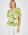 Kasper Plus Size Printed Flutter-sleeve Blouse In Kiwi Multi