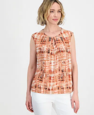 Kasper Women's Printed Keyhole-neck Top In Orange