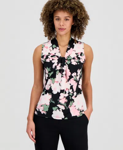Kasper Women's Printed Knot-neck Sleeveless Top In Black