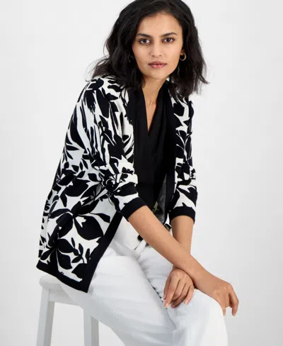 Kasper Women's Printed Open-front Long-sleeve Cardigan In Vanilla Ice,black