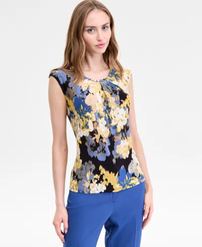 Kasper Women's Printed Pleated-neck Cap-sleeve Top In Multi