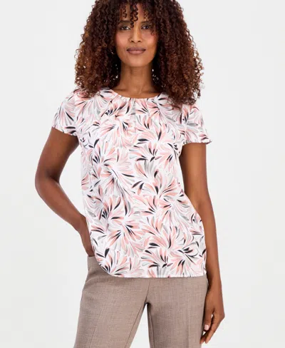 Kasper Women's Printed Pleated-neck Cap-sleeve Top In White
